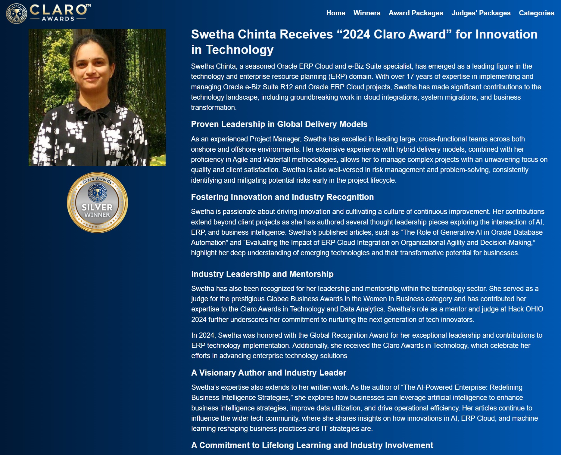 Article: Swetha Chinta Receives 2024 Claro Award for Innovation in Technology