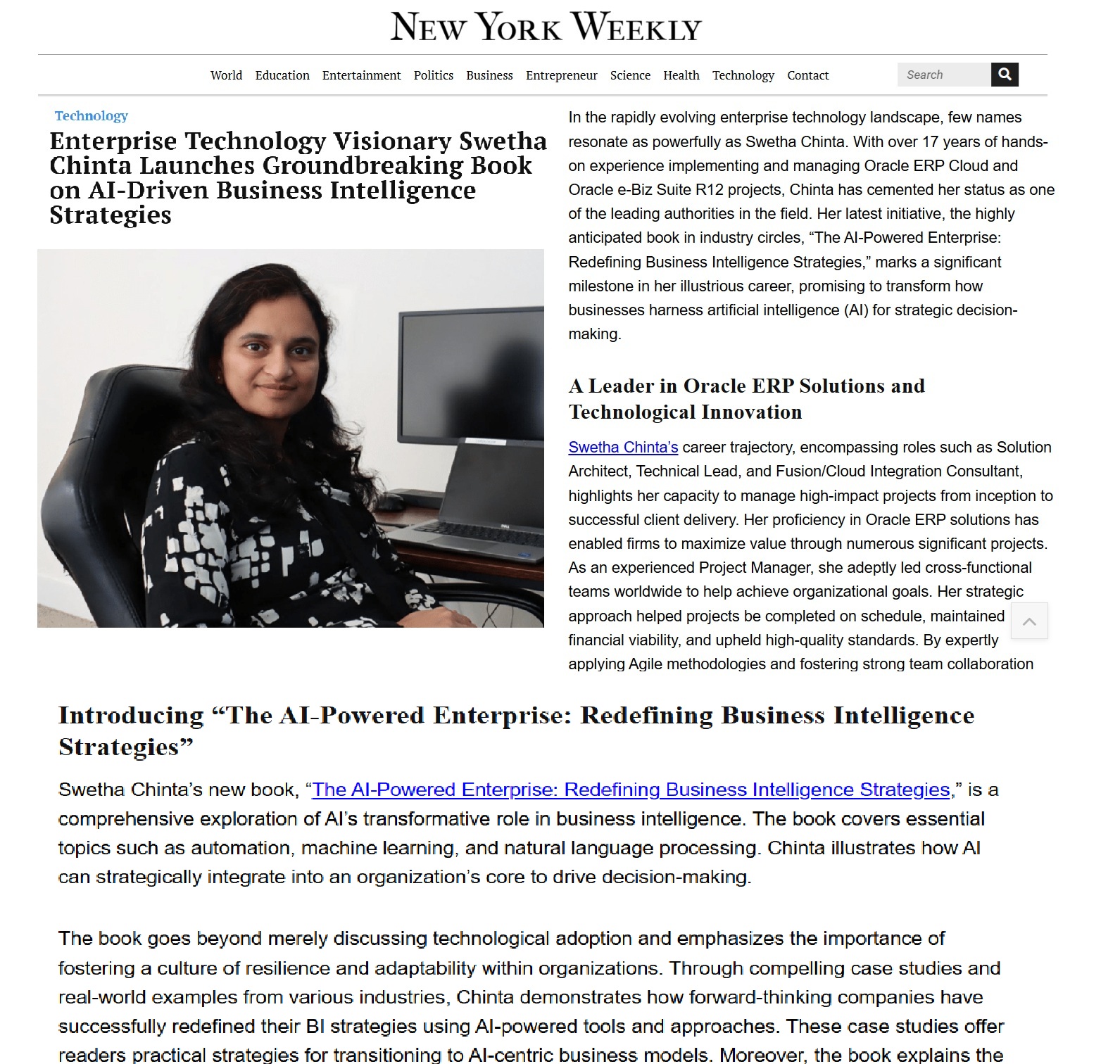 Article: Enterprise Technology Visionary Swetha Chinta Launches Groundbreaking Book on AI-Driven Business Intelligence Strategies