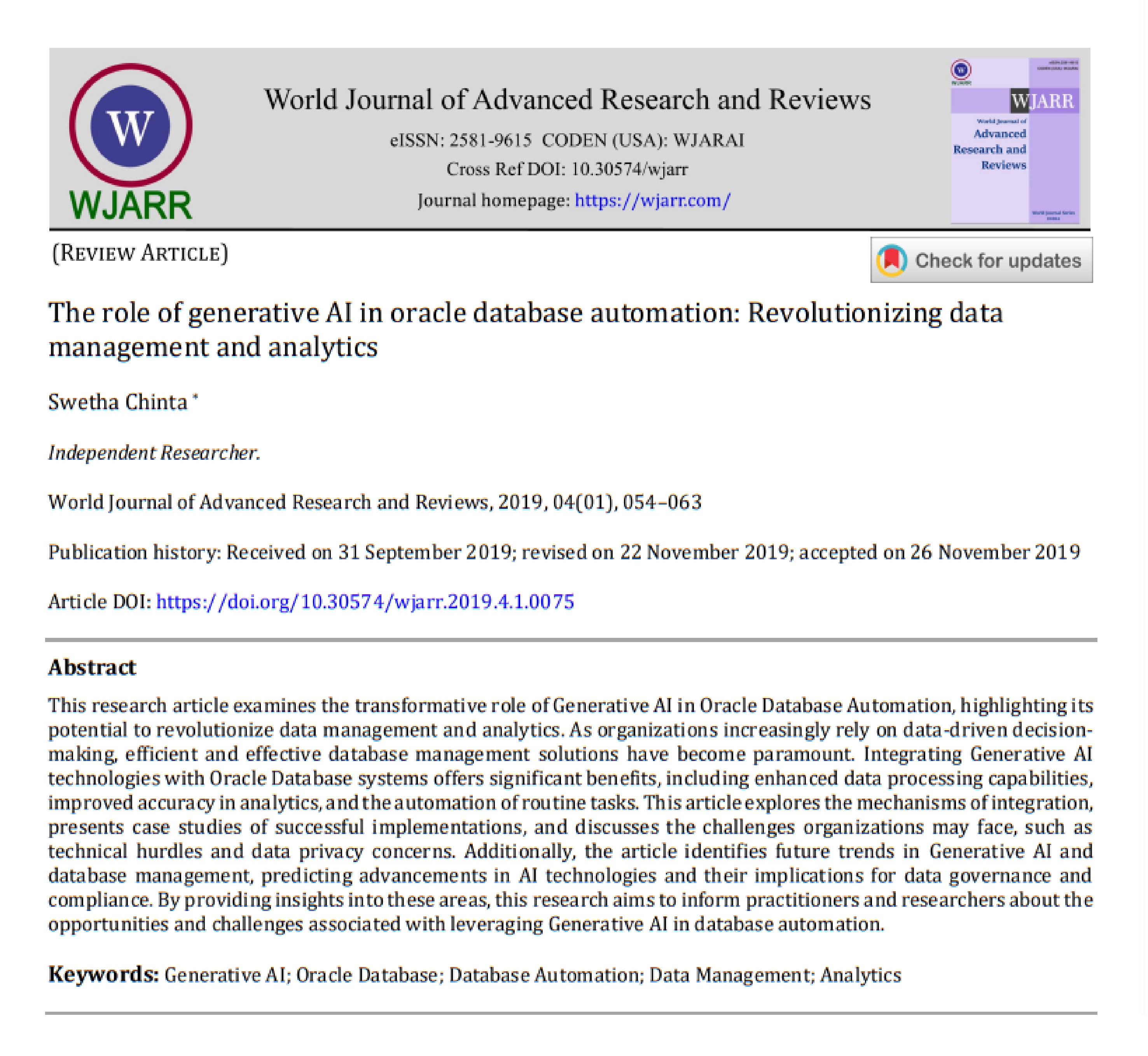 Article: The role of generative AI in oracle database automation: Revolutionizing data management and analytics