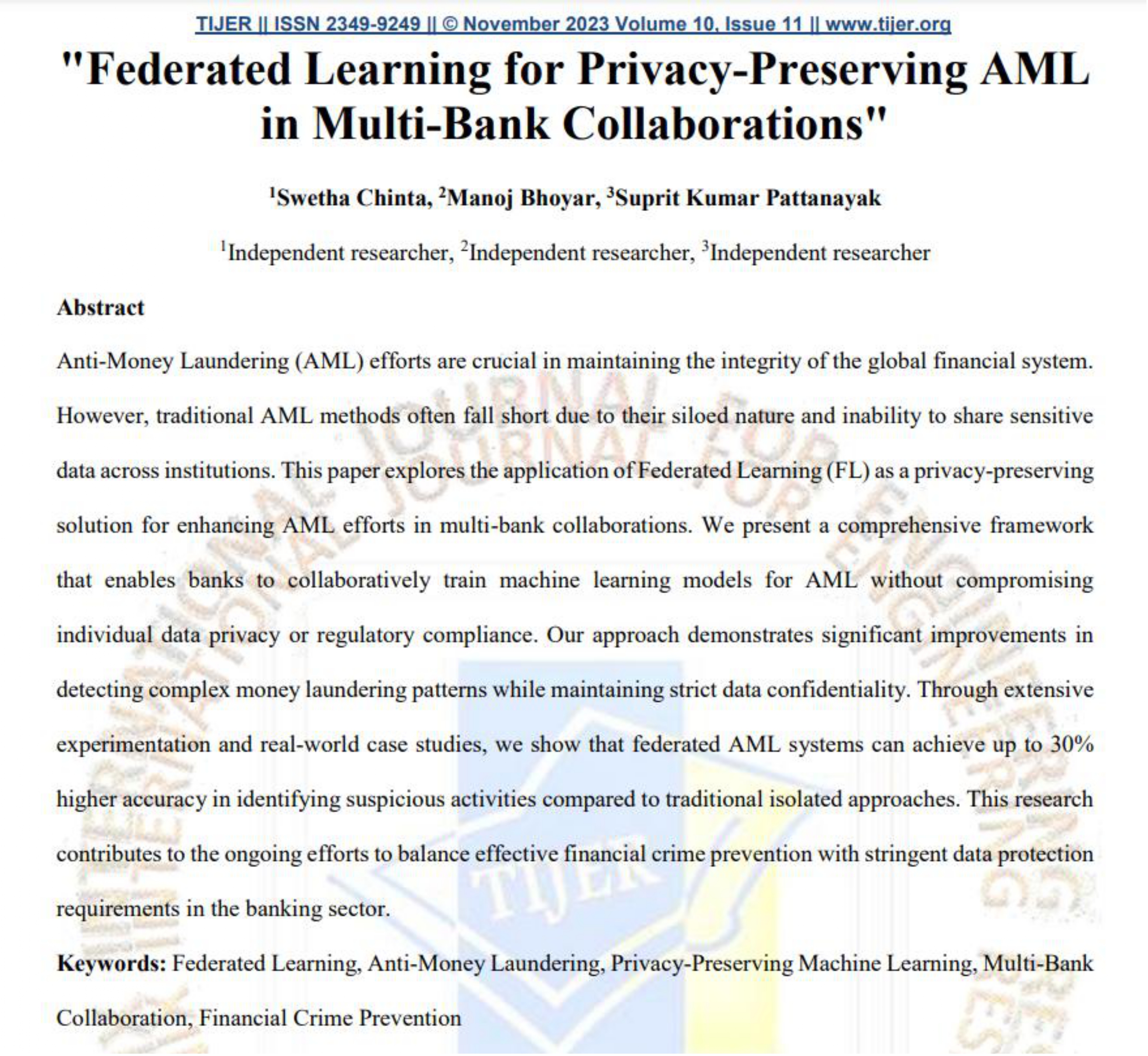 Article: Federated Learning for Privacy-Preserving AML in Multi-Bank Collaborations