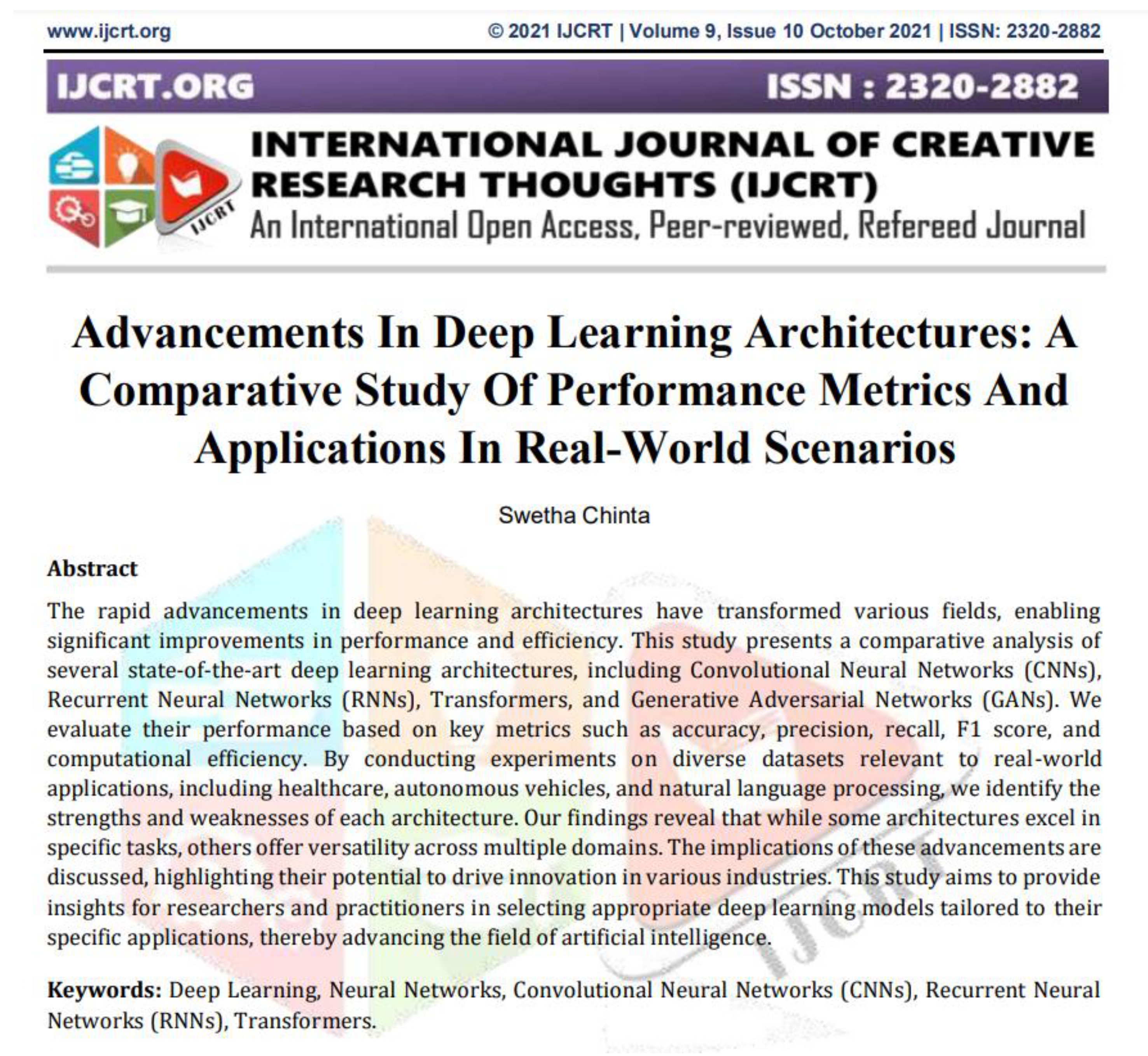 Article: Advancements In Deep Learning Architectures: A Comparative Study Of Performance Metrics And Applications In Real-World Scenarios