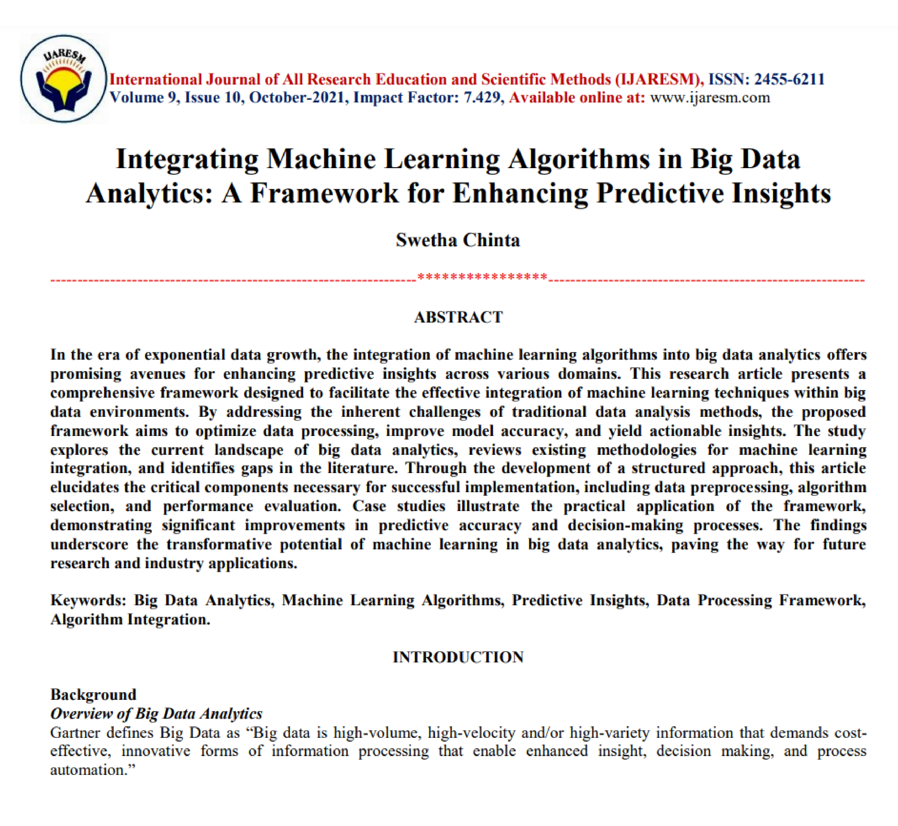 Article: Integrating Machine Learning Algorithms in Big Data Analytics: A Framework for Enhancing Predictive Insights