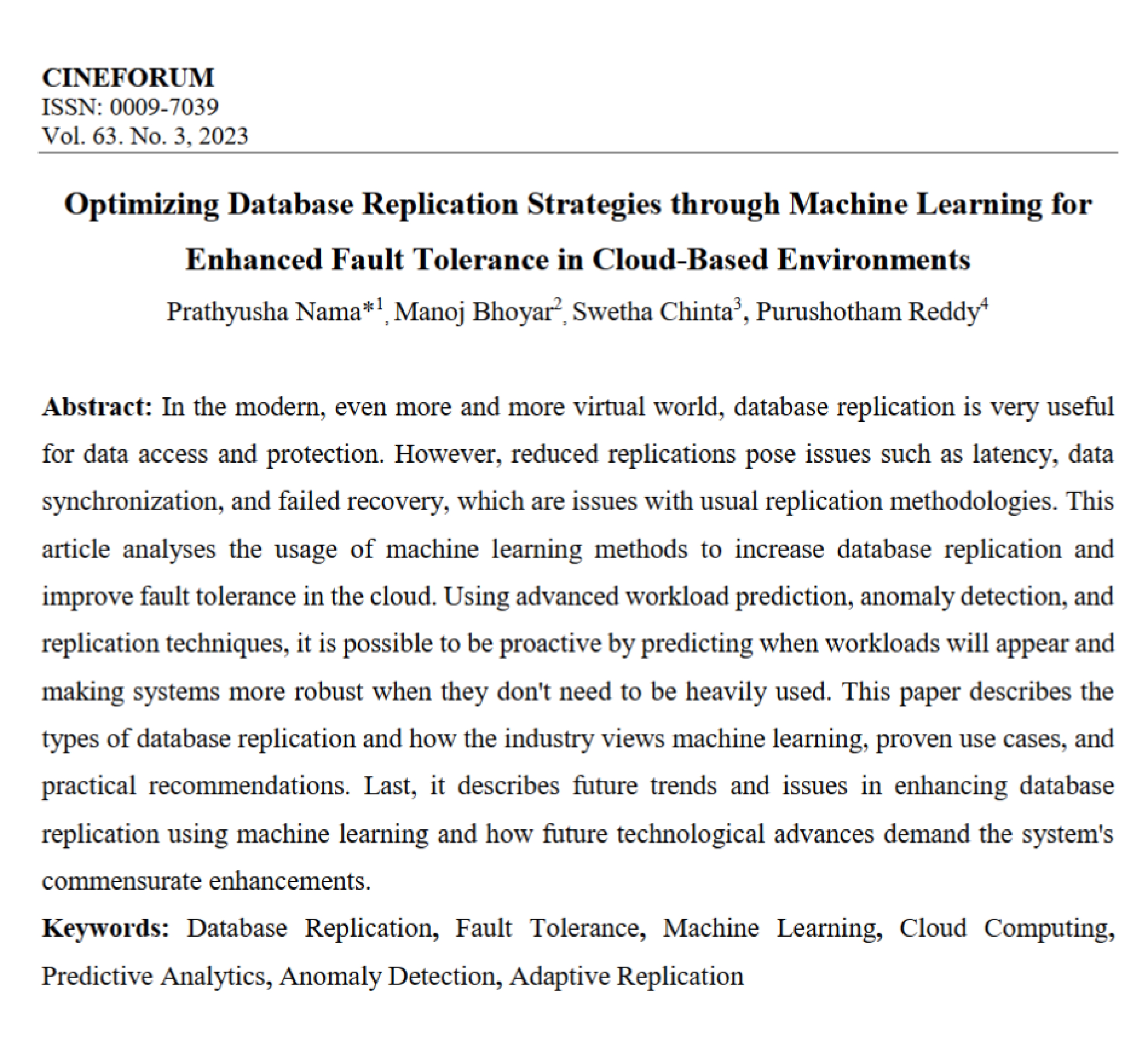 Article: Optimizing Database Replication Strategies through Machine Learning for Enhanced Fault Tolerance in Cloud-Based Environments