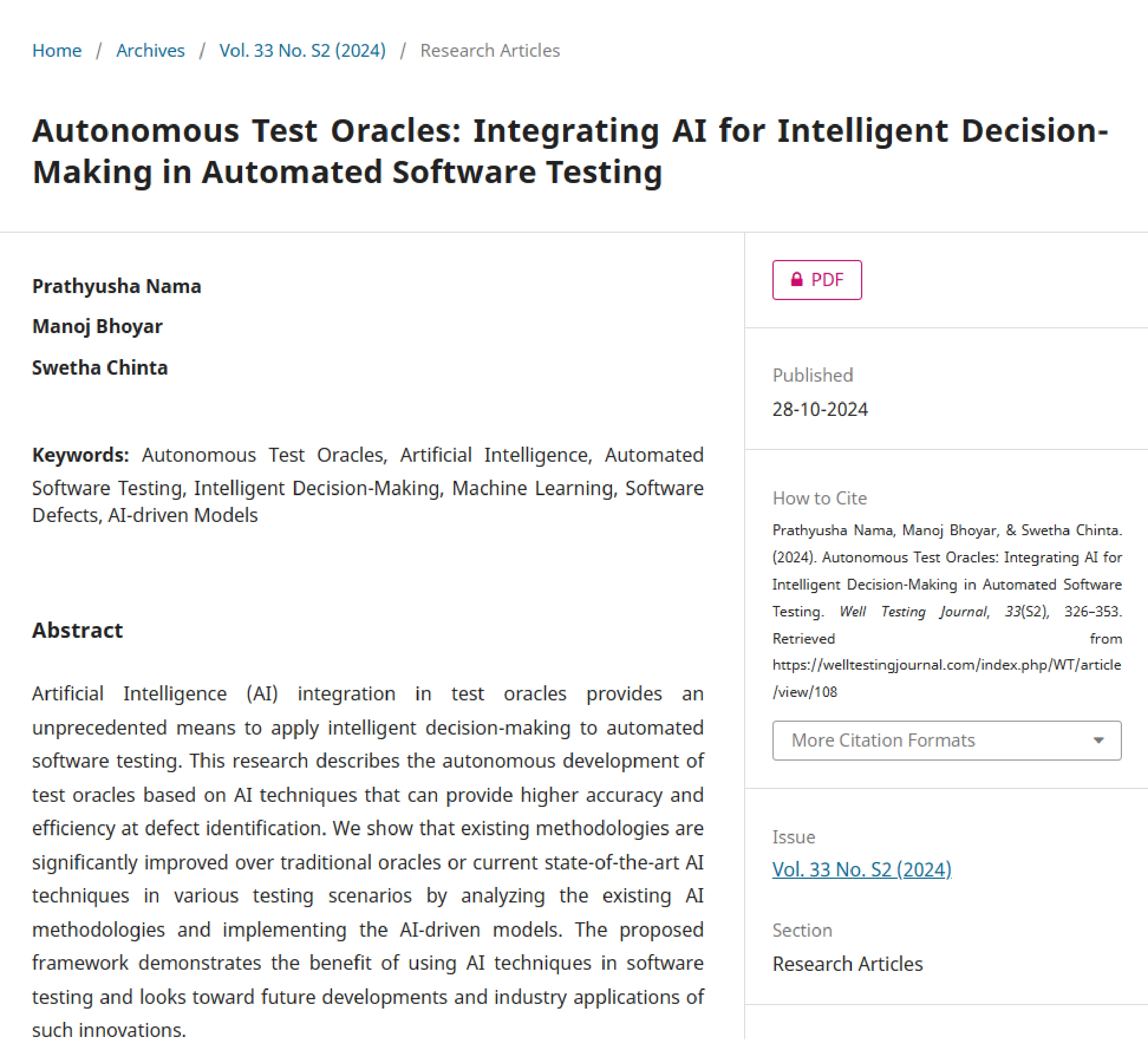 Article: Autonomous Test Oracles: Integrating AI for Intelligent Decision-Making in Automated Software Testing