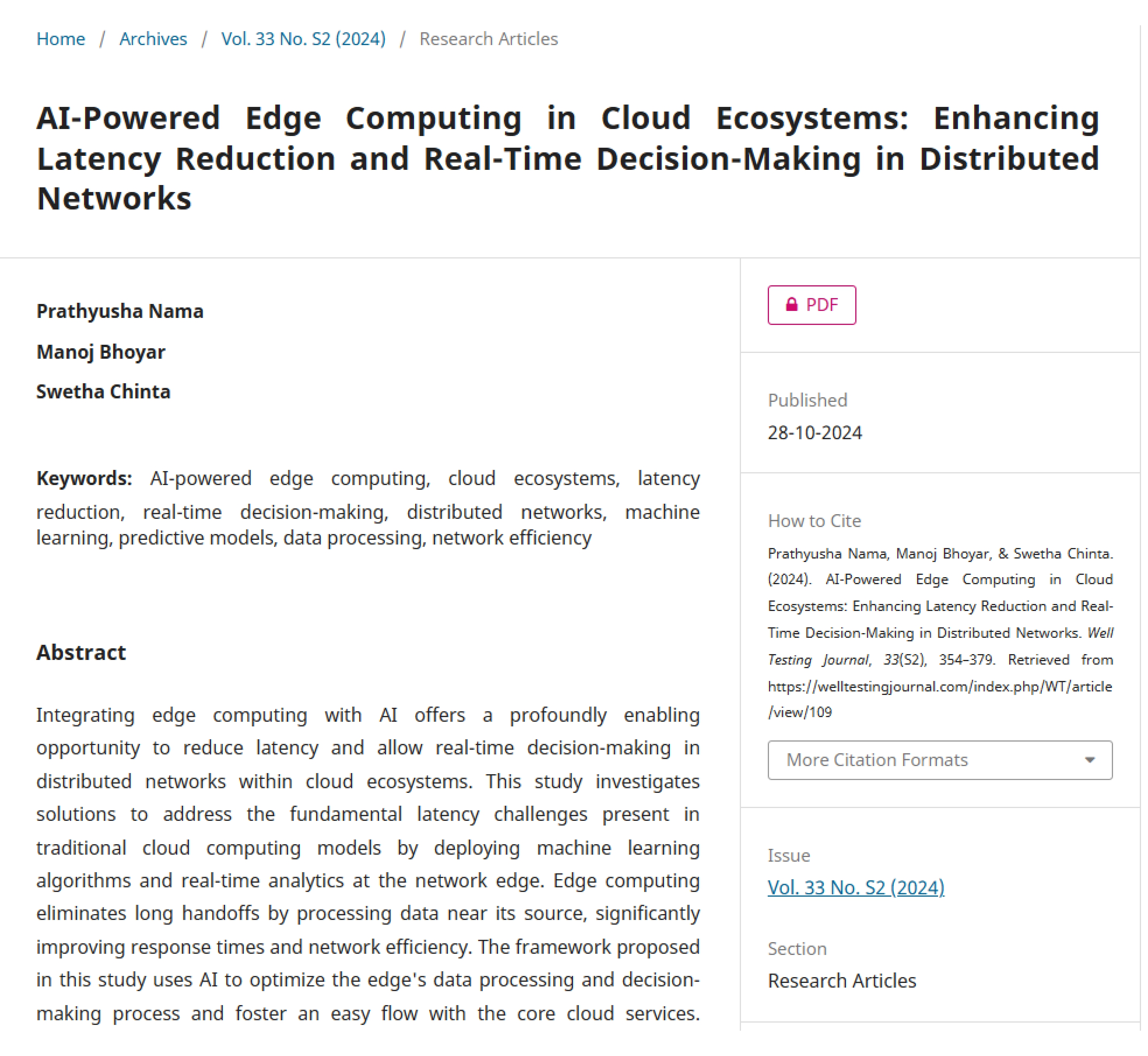 Article: AI-Powered Edge Computing in Cloud Ecosystems: Enhancing Latency Reduction and Real-Time Decision-Making in Distributed Networks